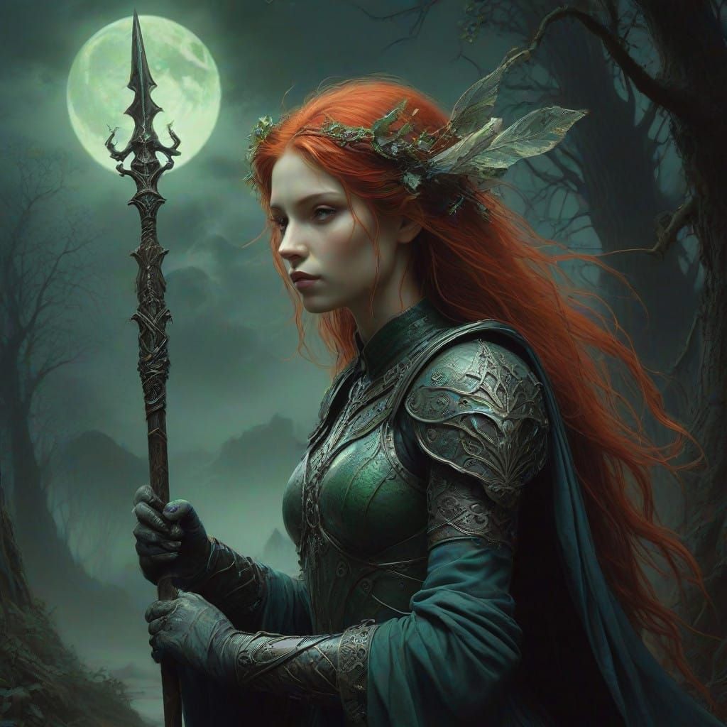 Red-Haired Druidess in Emerald Green Armor Stands Majestical...