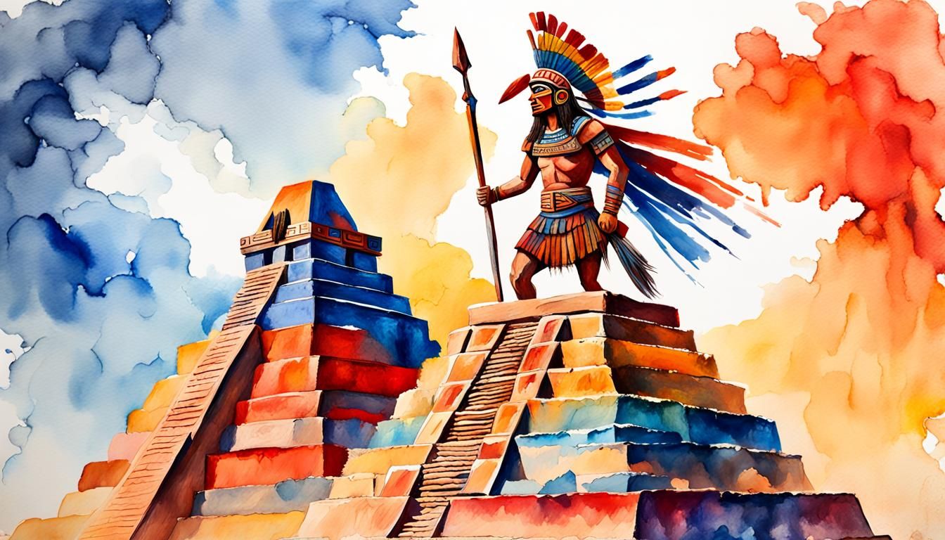 Aztec Warrior on Pyramid in Impressionist Watercolor