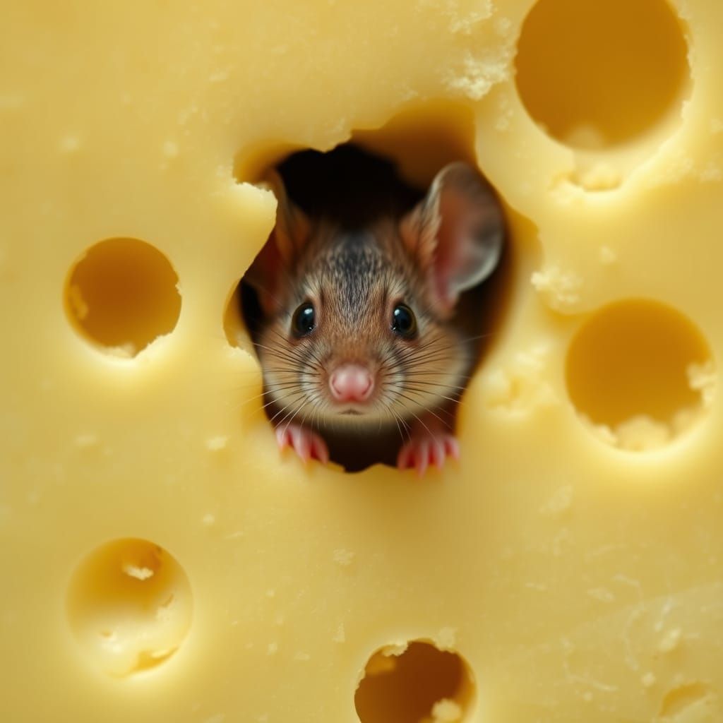Shy Mouse Hiding in Swiss Cheese