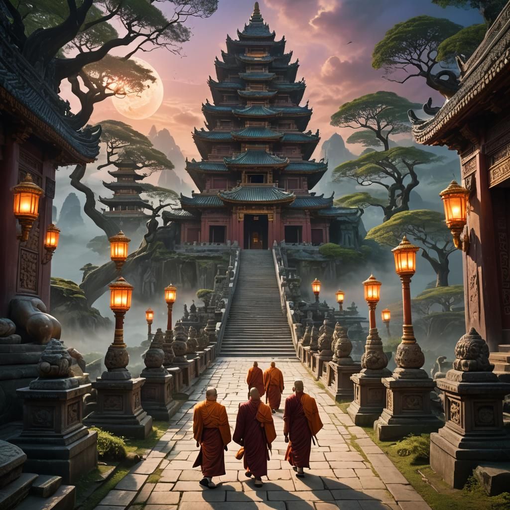Mystical Moonscape Temple with Monks in Fantasy Art