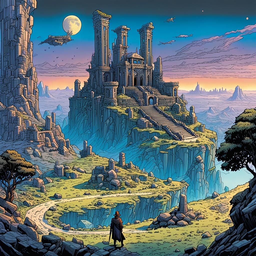 Fantasy Landscape with Strange Ruins in Comic Book Style