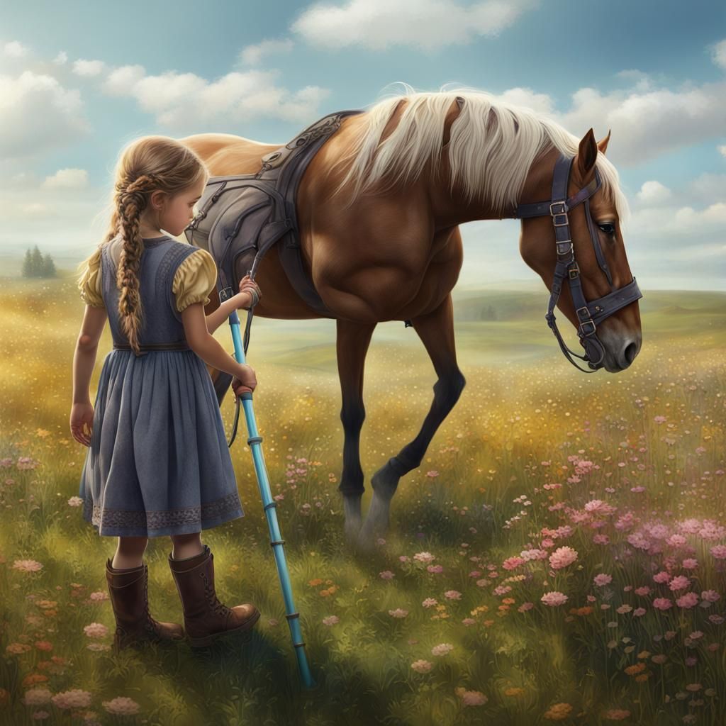 Girl and Horse in Prairie, Detailed Matte Painting