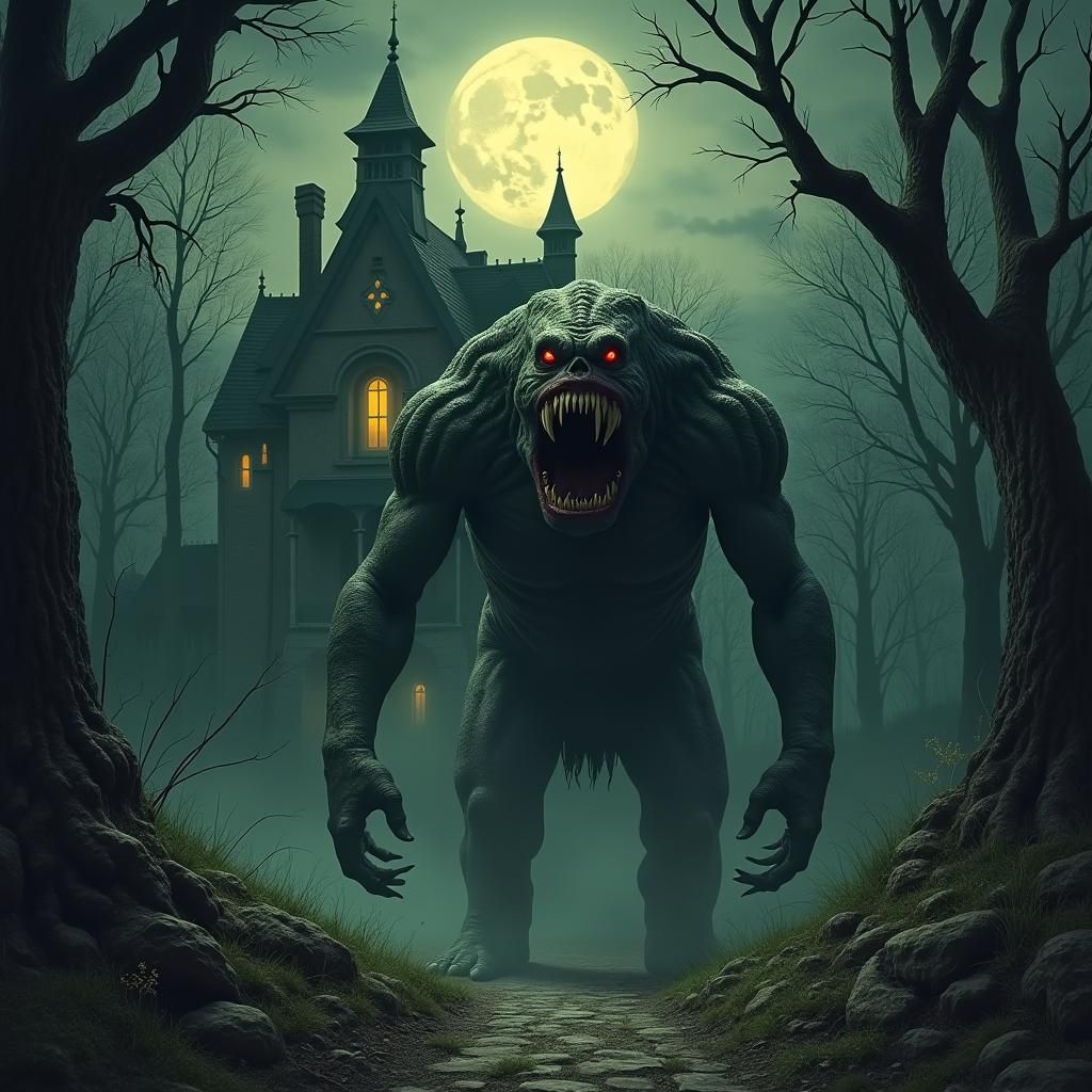 Terrifying Monster in Front of Haunted House