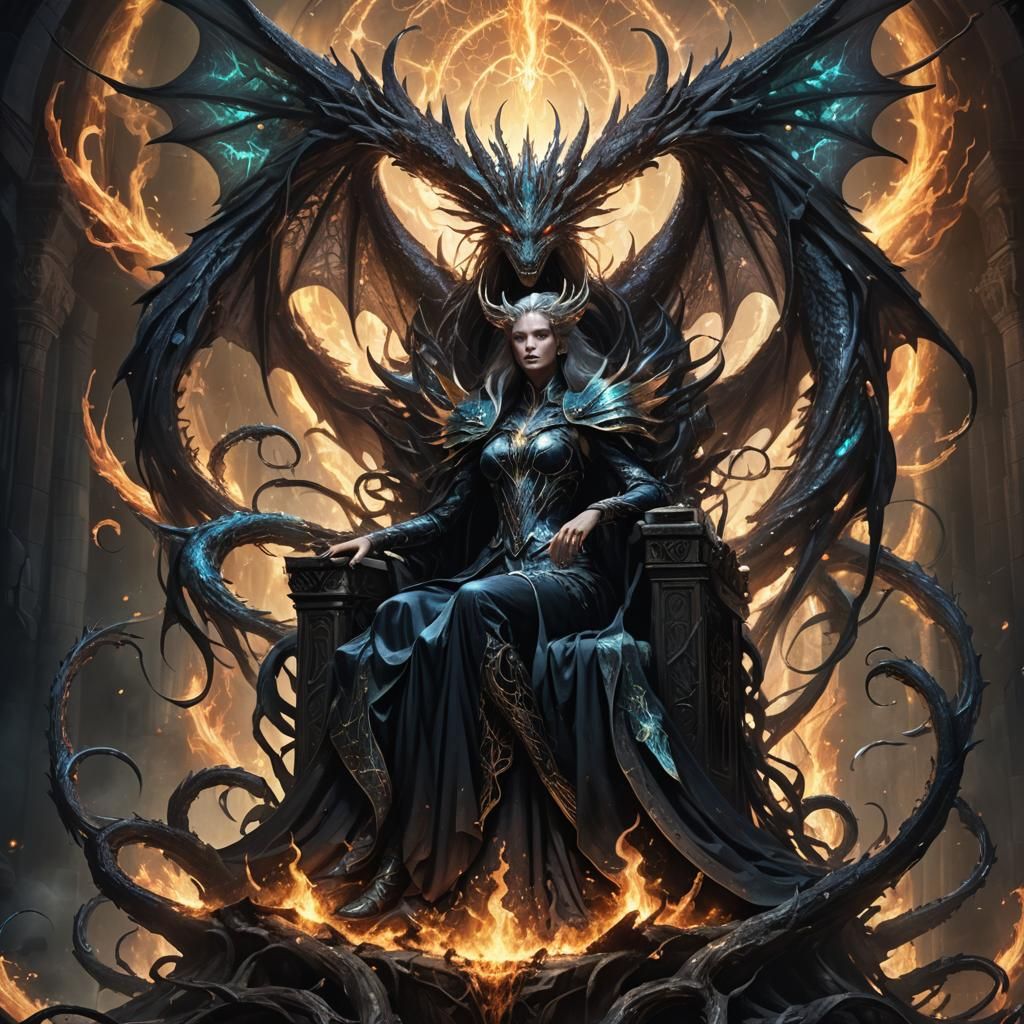 Wyrm Queen on Twisted Throne: Dark Fantasy Art