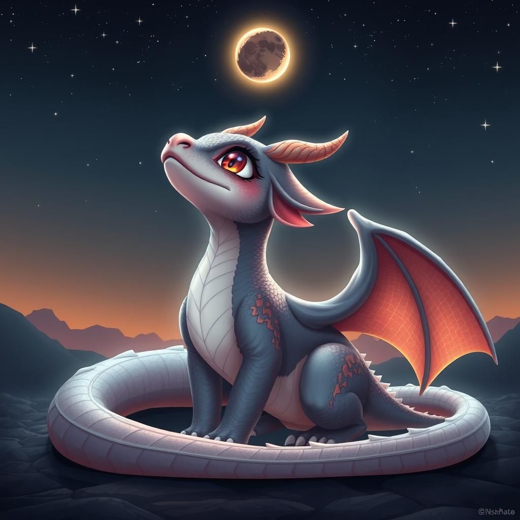 Dragon Gazing at Eclipsed Moon in Vaporwave Style