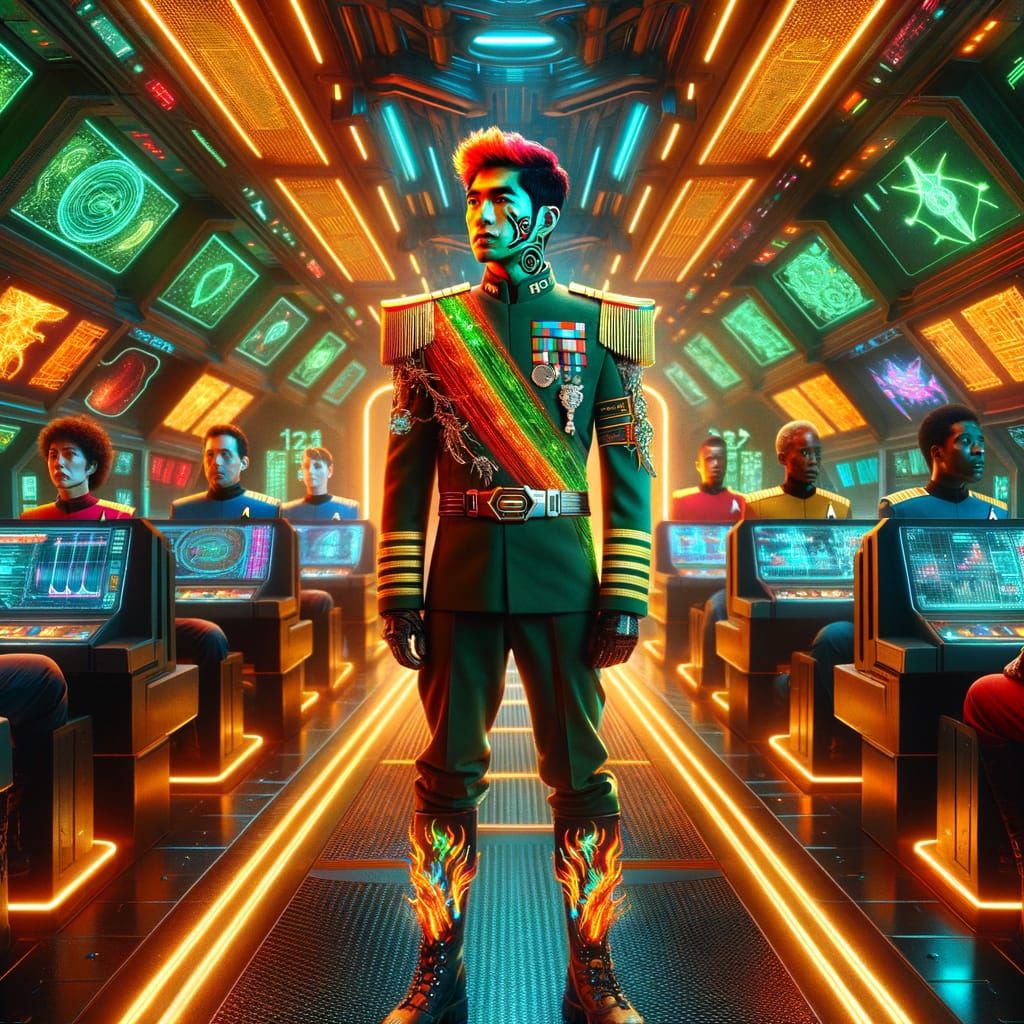 Cyberpunk Captain in Neon Starfleet Uniform with Dragon Tatt...