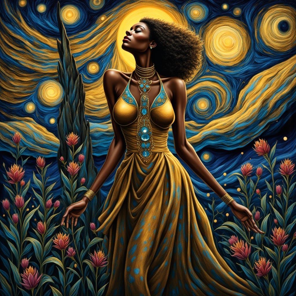 Mystical Portrait of Woman in Klimt and Van Gogh Style