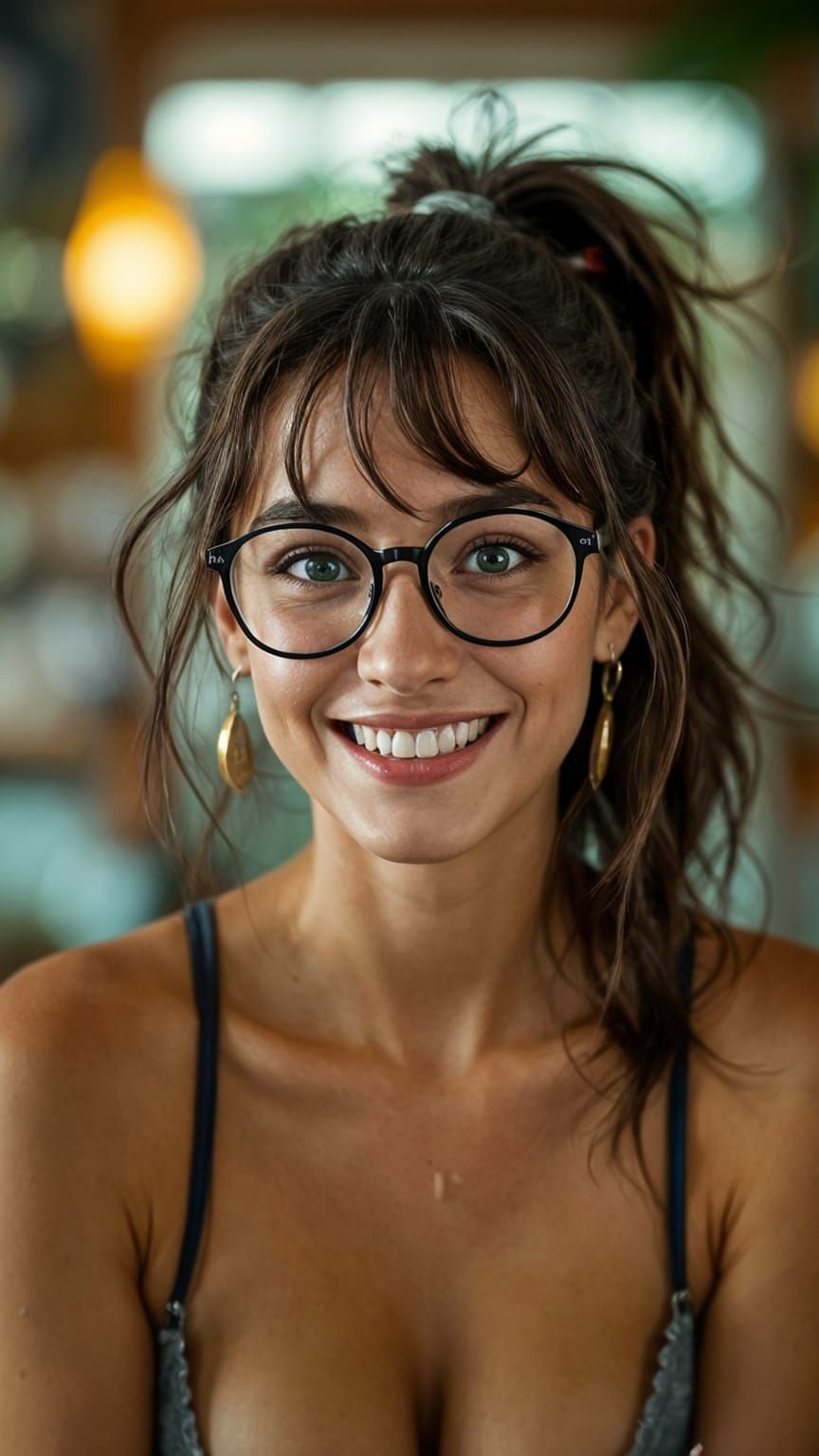 Quirky Nerdy Woman in Cinematic Film Still