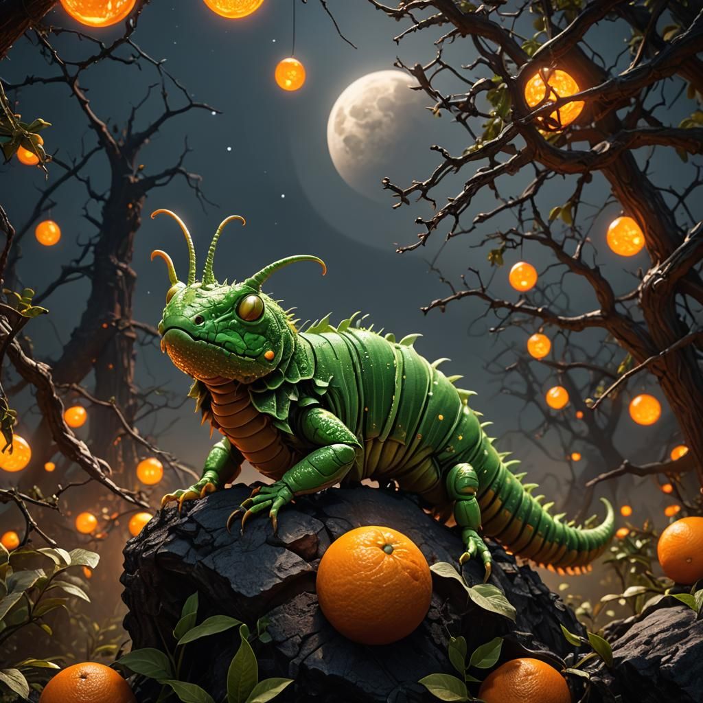 Hornworm on Orange in Moonlight: Fantasy Art