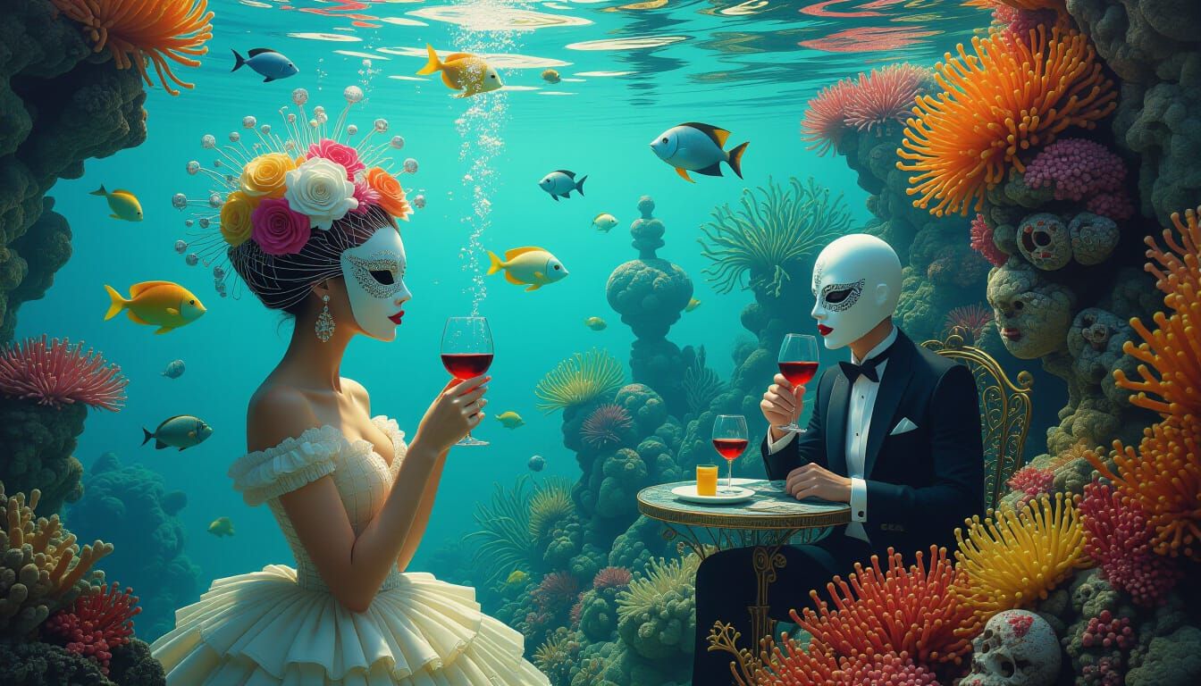 Surreal Underwater Garden Party in Vibrant Fantasy Style
