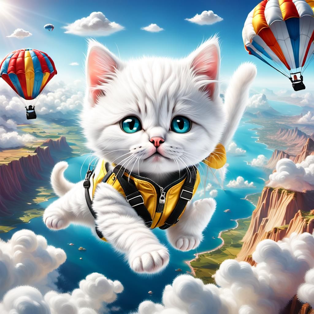 White Fur; White adorable kitten parachute open ; (Skydiving with parachute open); beautiful clouds and scenery,high-end...