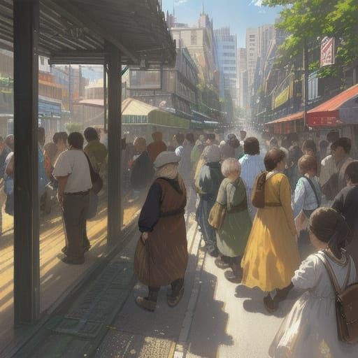 Urban Realism Concept Art: Diverse People in Bustling City