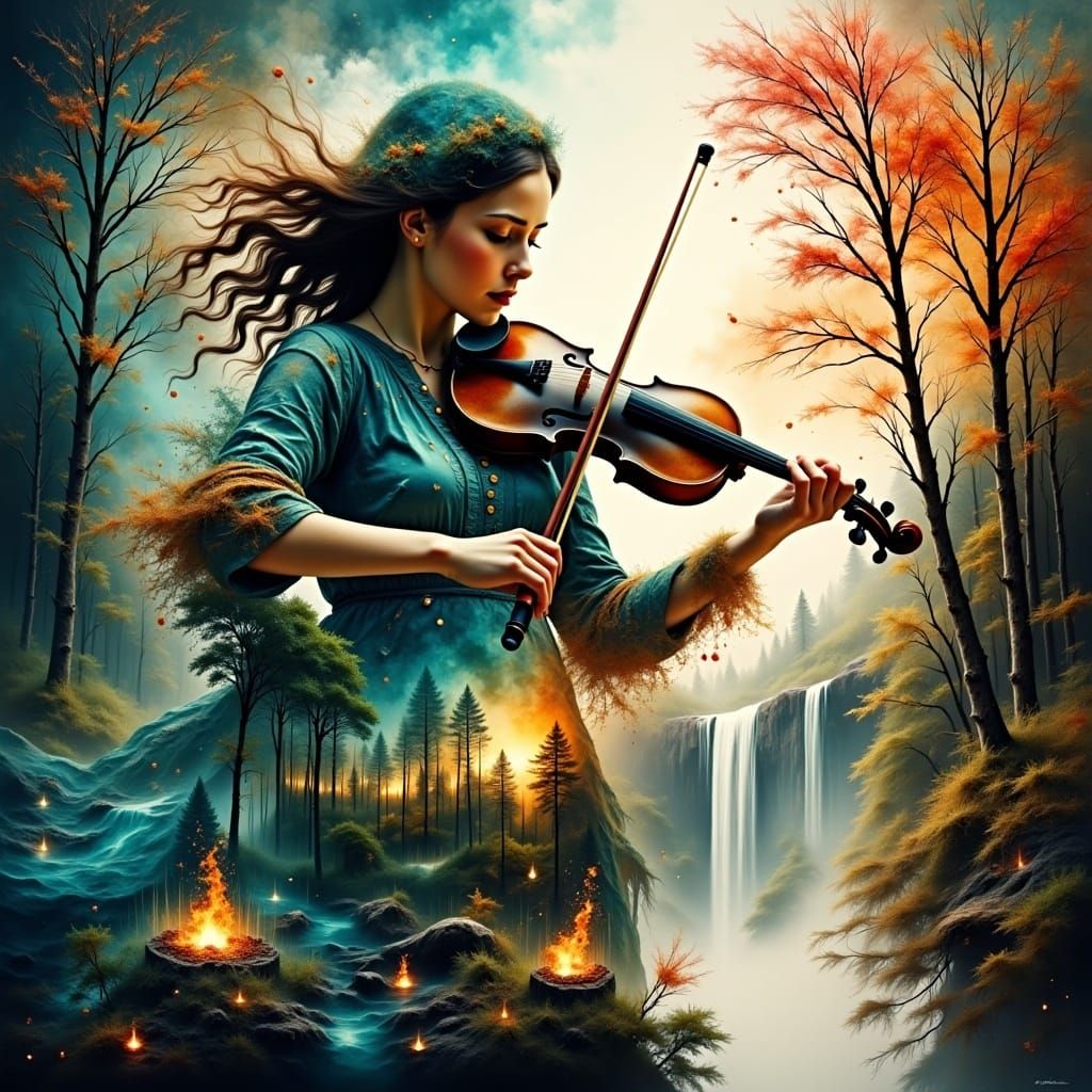 Double Exposure Violinist in Steampunk Fantasy Style