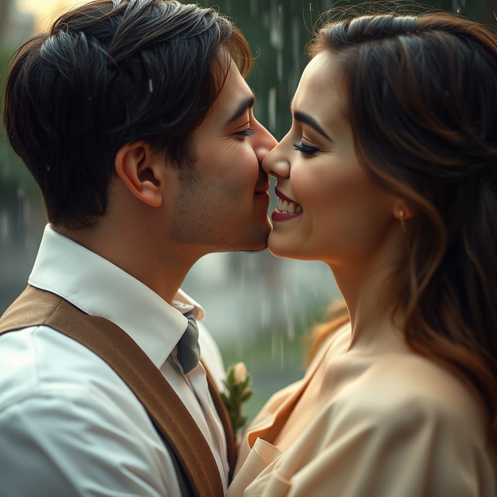 Romantic Kiss in Rain: Cinematic Portrait of a Couple