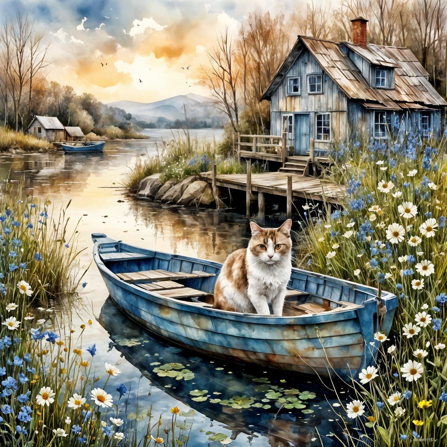 Cat with Large Eyes on Lake Dock