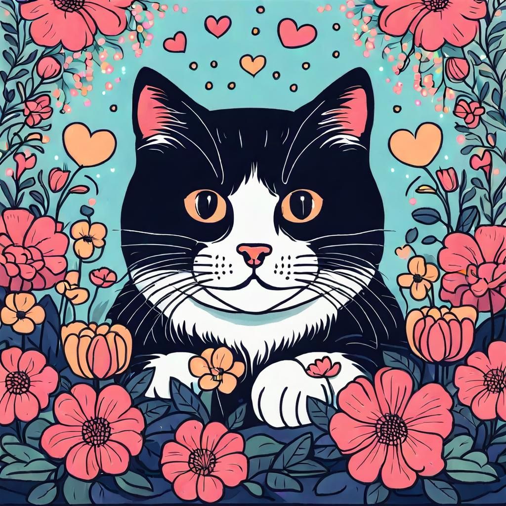 Cute Cat Surrounded by Flowers in Doodle Art