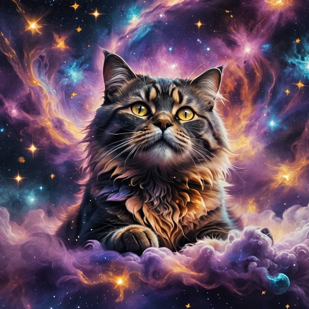 Galactic Cat Floating in Space: Surreal Illustration