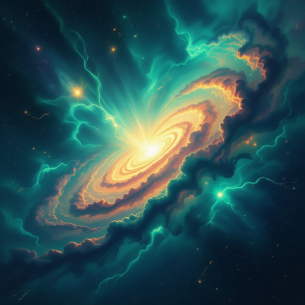 Vibrant Galactic Nebula with Pulsing Green Light