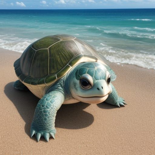 Whimsical Smiling Baby Turtle on a Sunny Beach