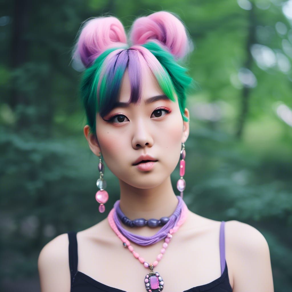 Asian Girl with Pastel Hair and Gem Necklace