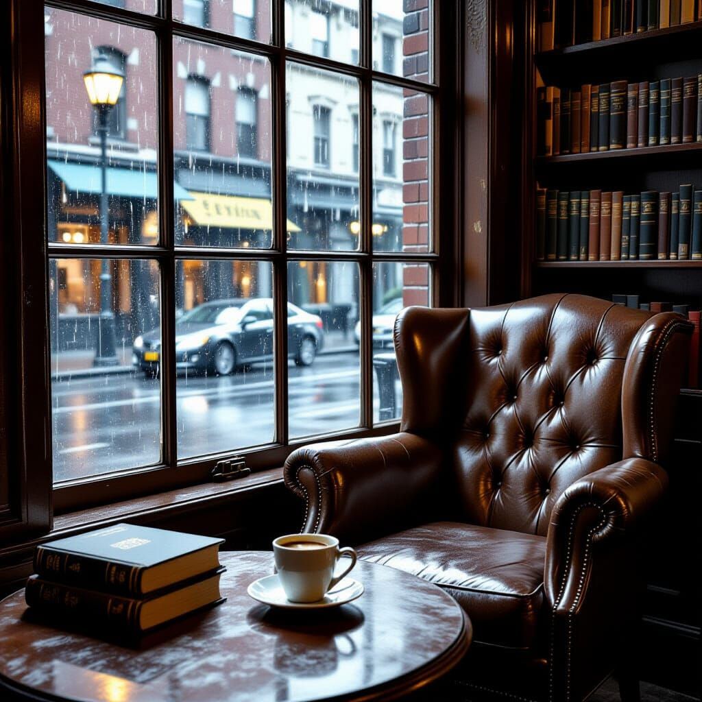 Rainy Library Cafe Corner with Armchair and Coffee