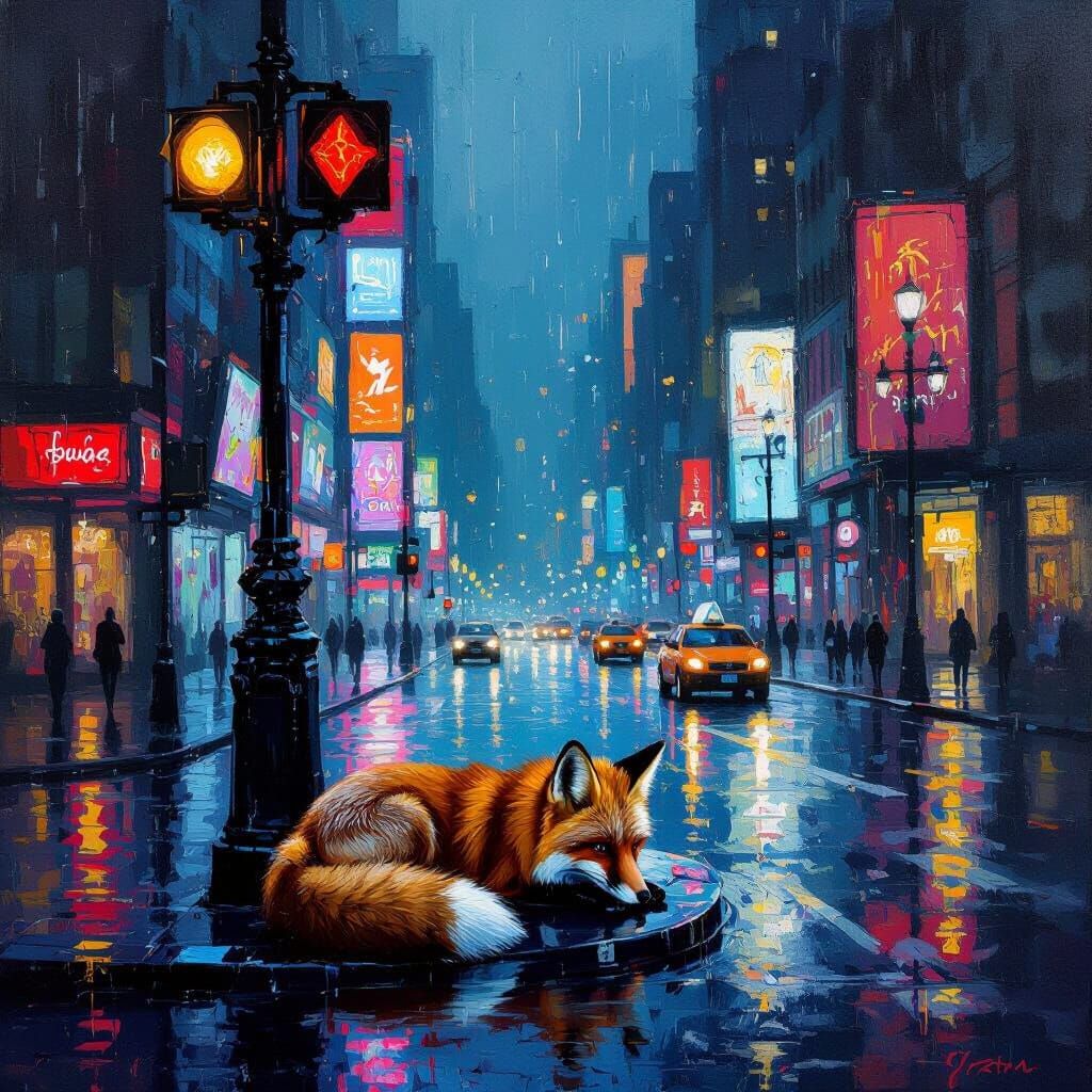 Lone Fox on Neon Street Corner in Post-Impressionist Metropo...