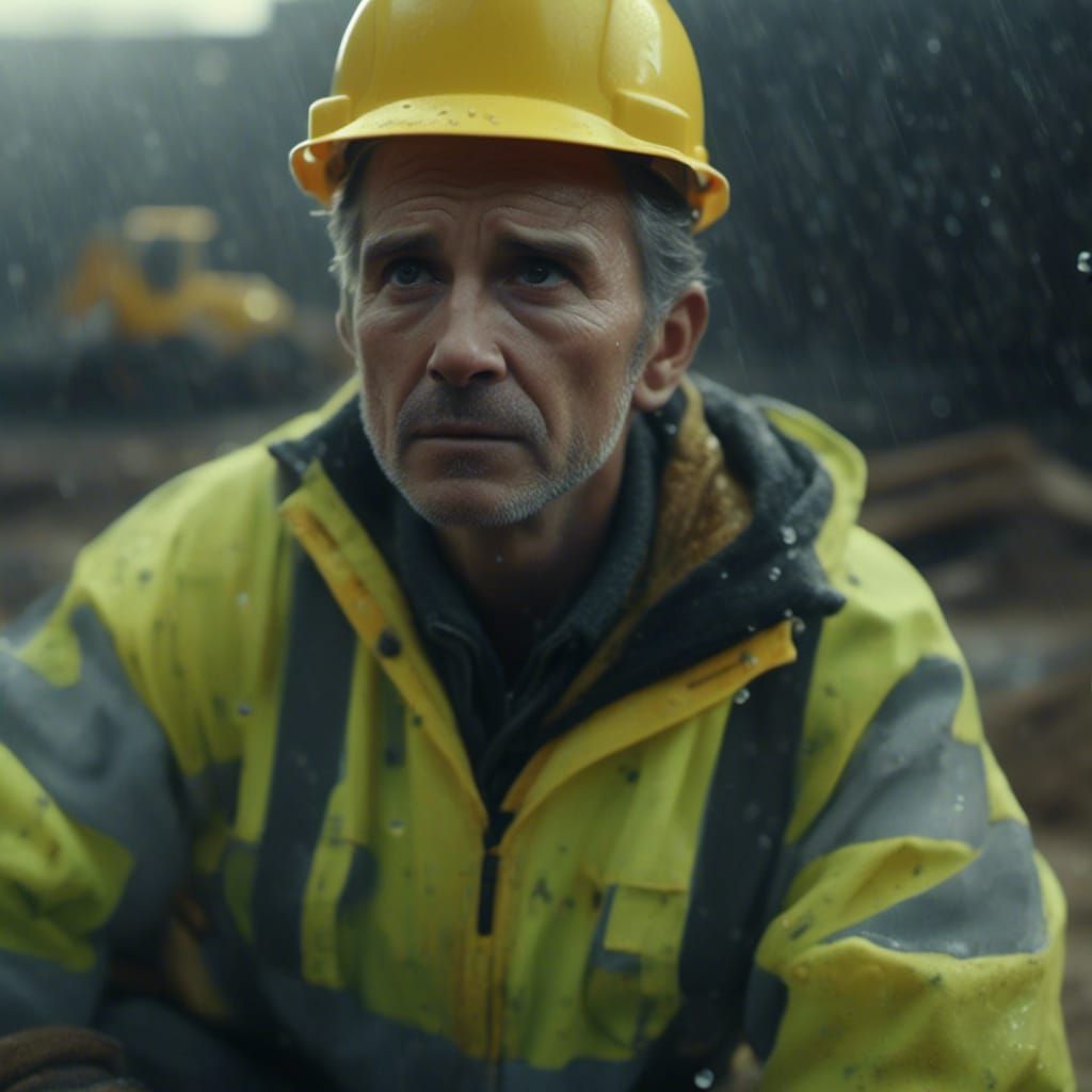 Construction Worker in Dimly Lit Site: Cinematic Gritty Real...
