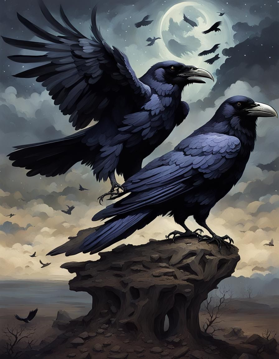 Ravens on a Battlefield Under Stormy Sky