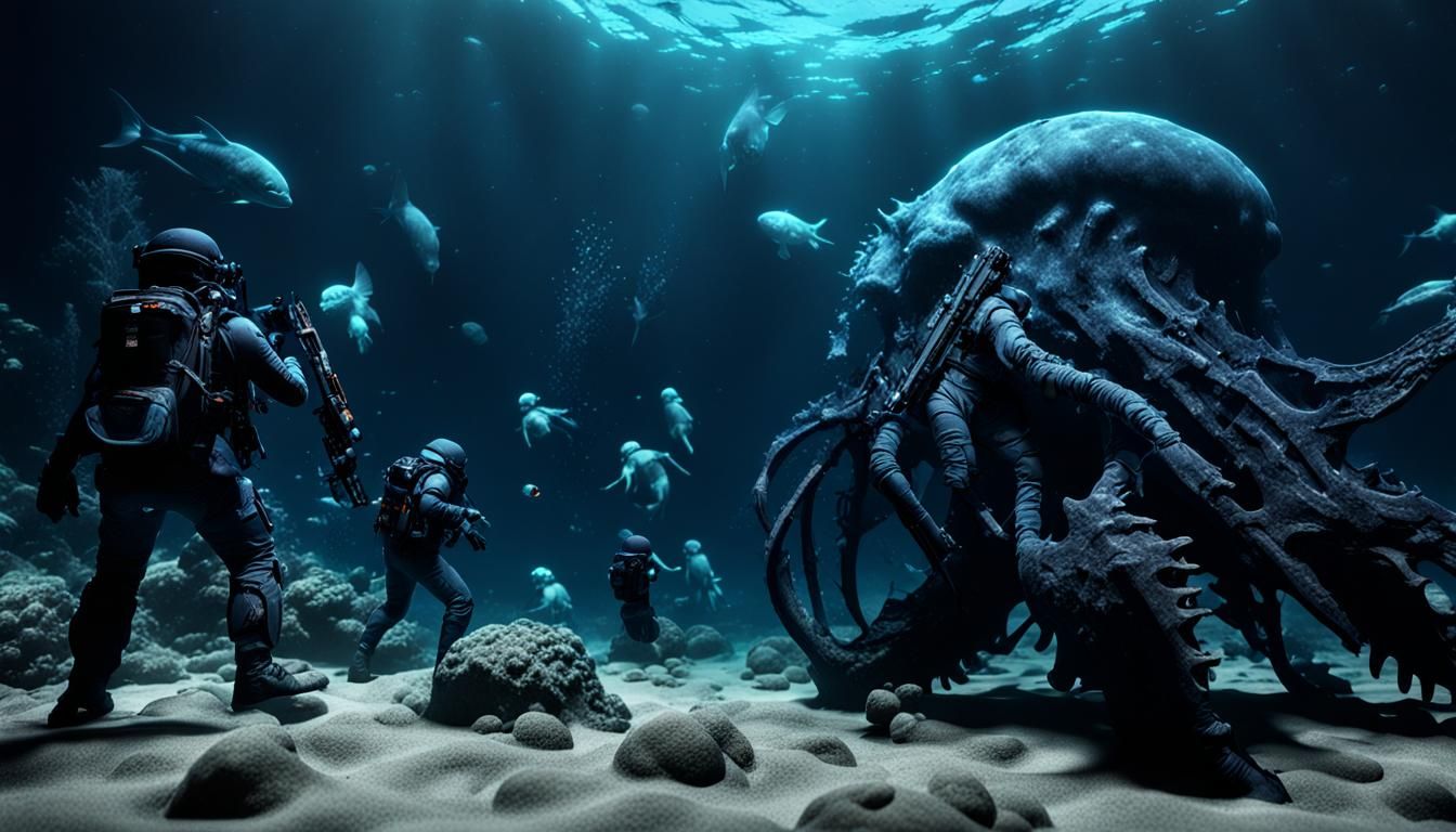 Underwater Battle in Bioluminescent Abyss: 8K 3D Rendering