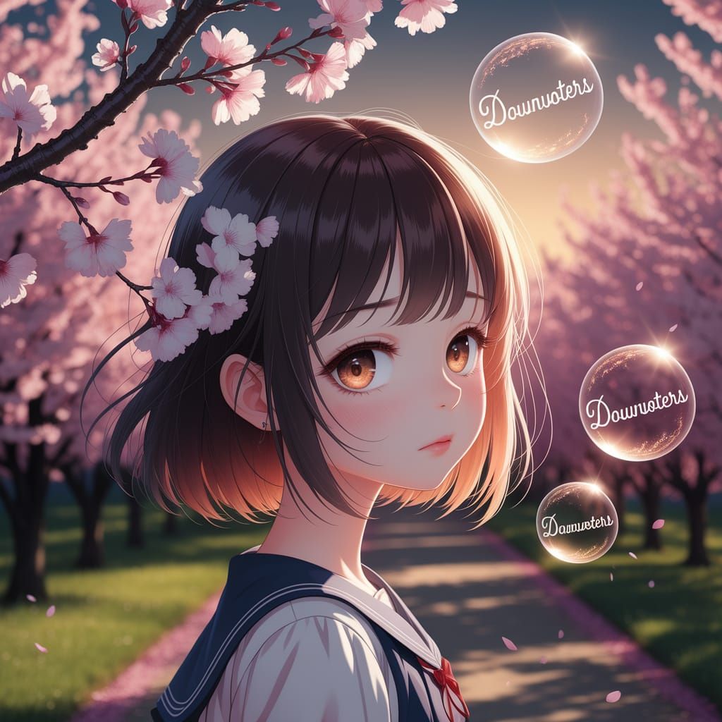 Anime Girl with 'Downvoters' Orbs in Golden Sunset