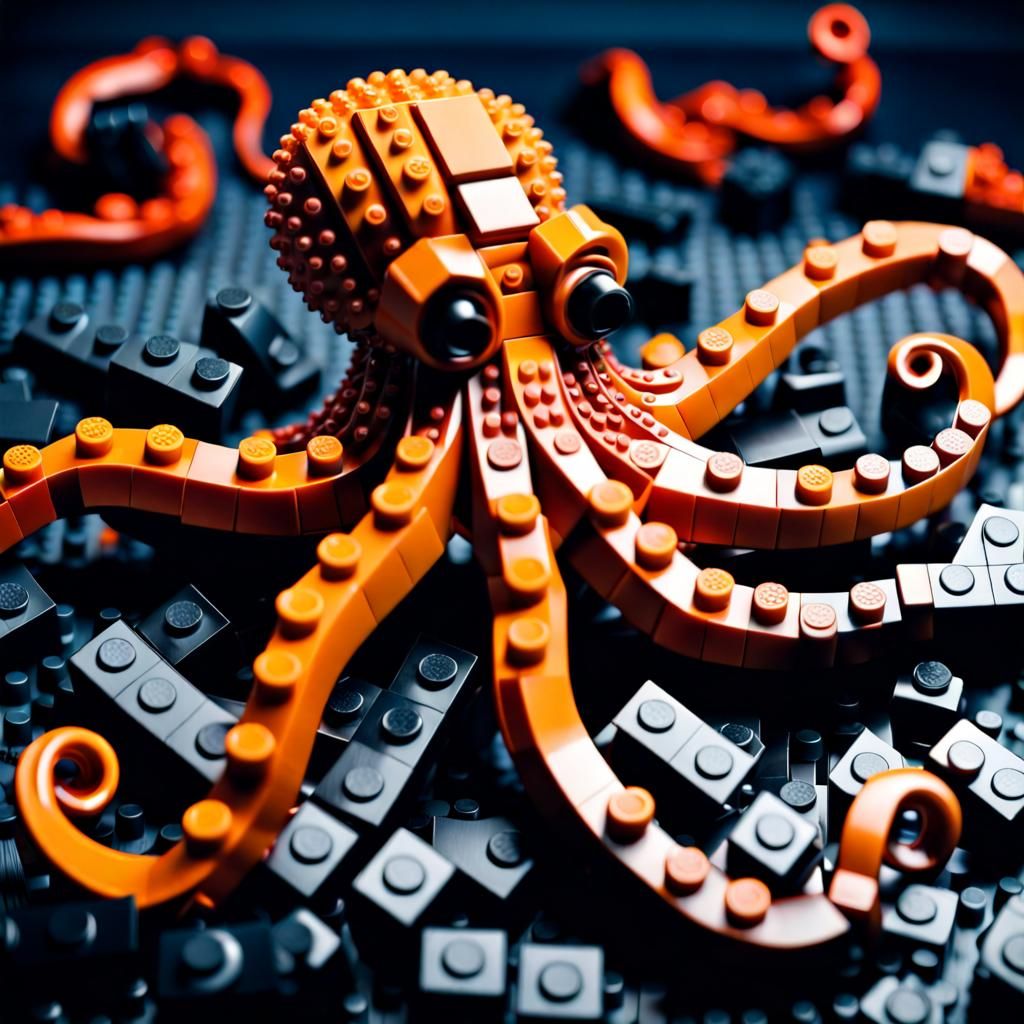 Hyperrealistic Lego Octopus in Dark Ocean