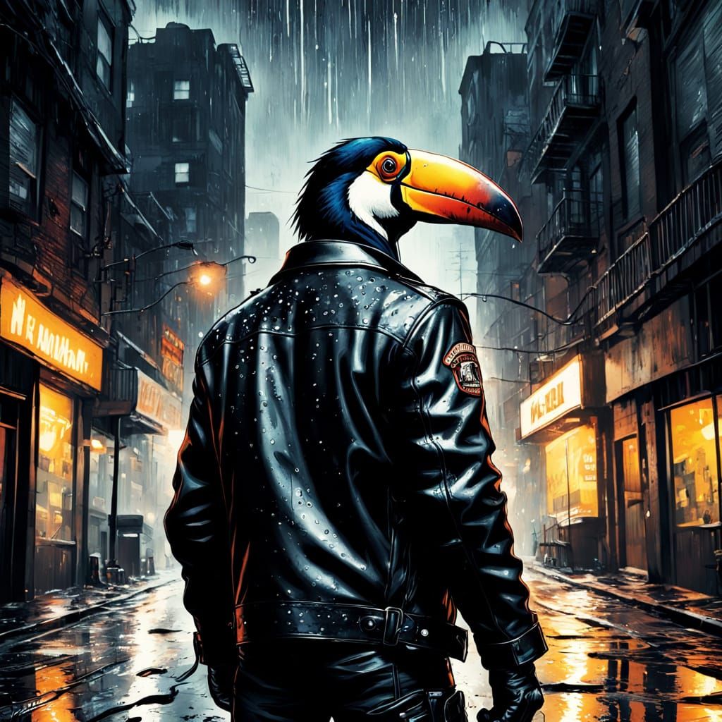 Edgy Anthropomorphic Toucan in Cyberpunk Cityscape