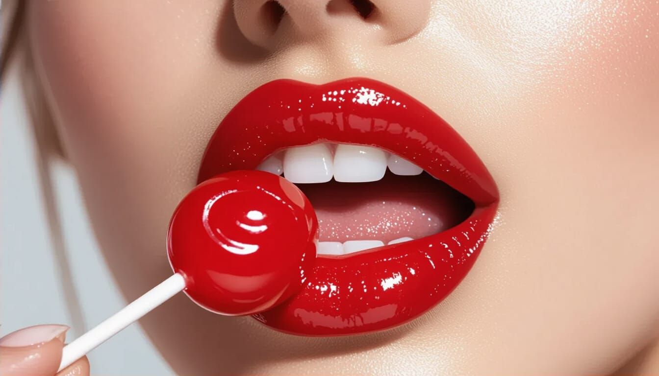 Glossy Red Lips Licking Lollipop: A Detailed Close-Up
