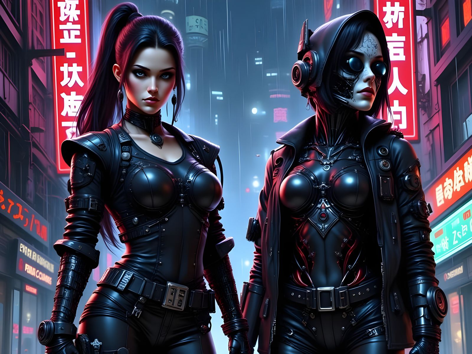 Cyberpunk Gang Leader and Robot Vampire in Neon Rain
