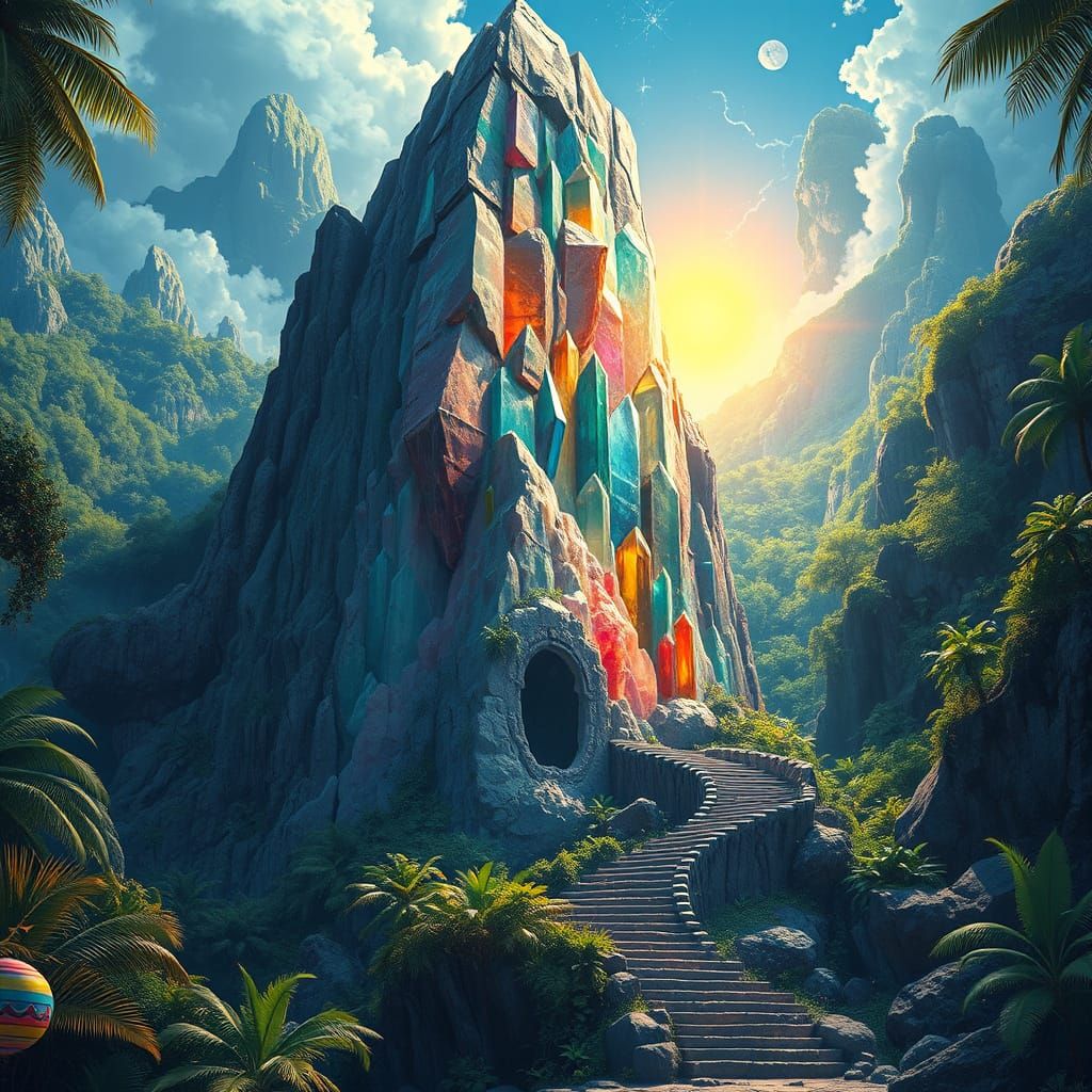 Psychedelic Crystal Tower in Lush Rainforest