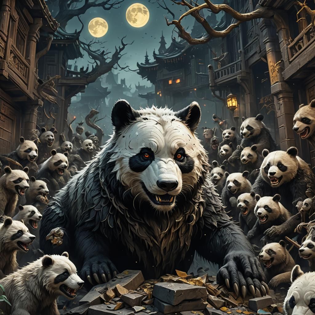Horror Wolf Panda Under Moon, Detailed Matte Painting