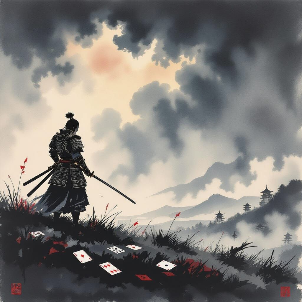 Samurai on Ancient Battlefield in Sumi-e Style