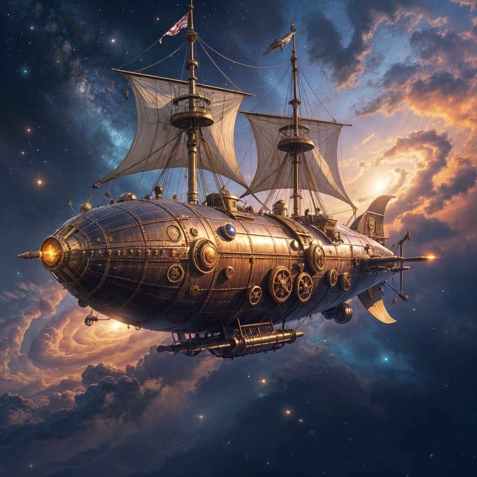 Steampunk Airship Navigates Cosmic Nebula in Retro-Futuristi...