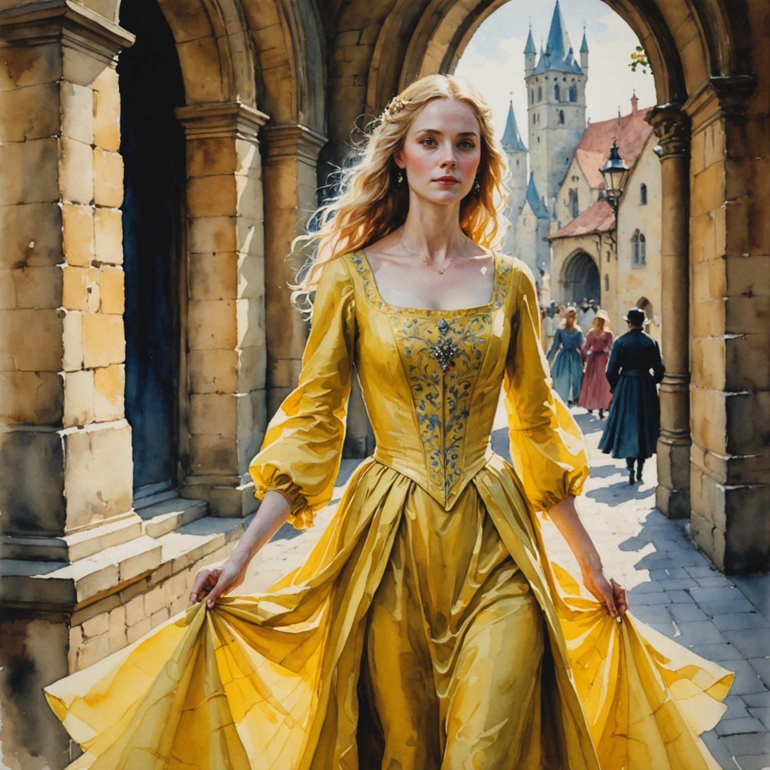 Medieval Lady in Yellow Gown as Watercolor Impressionism