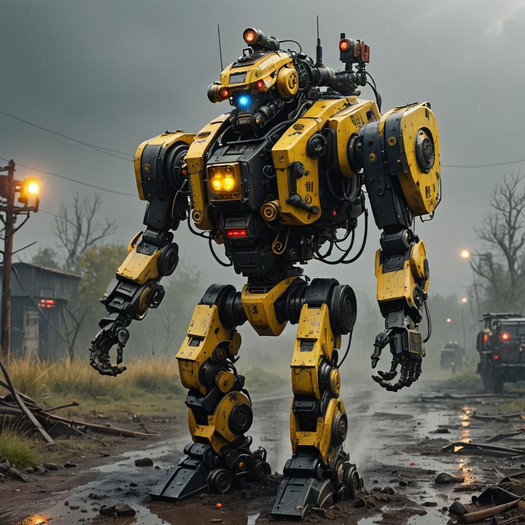 Xenomecha Police Robot in Post-Apocalyptic Landscape