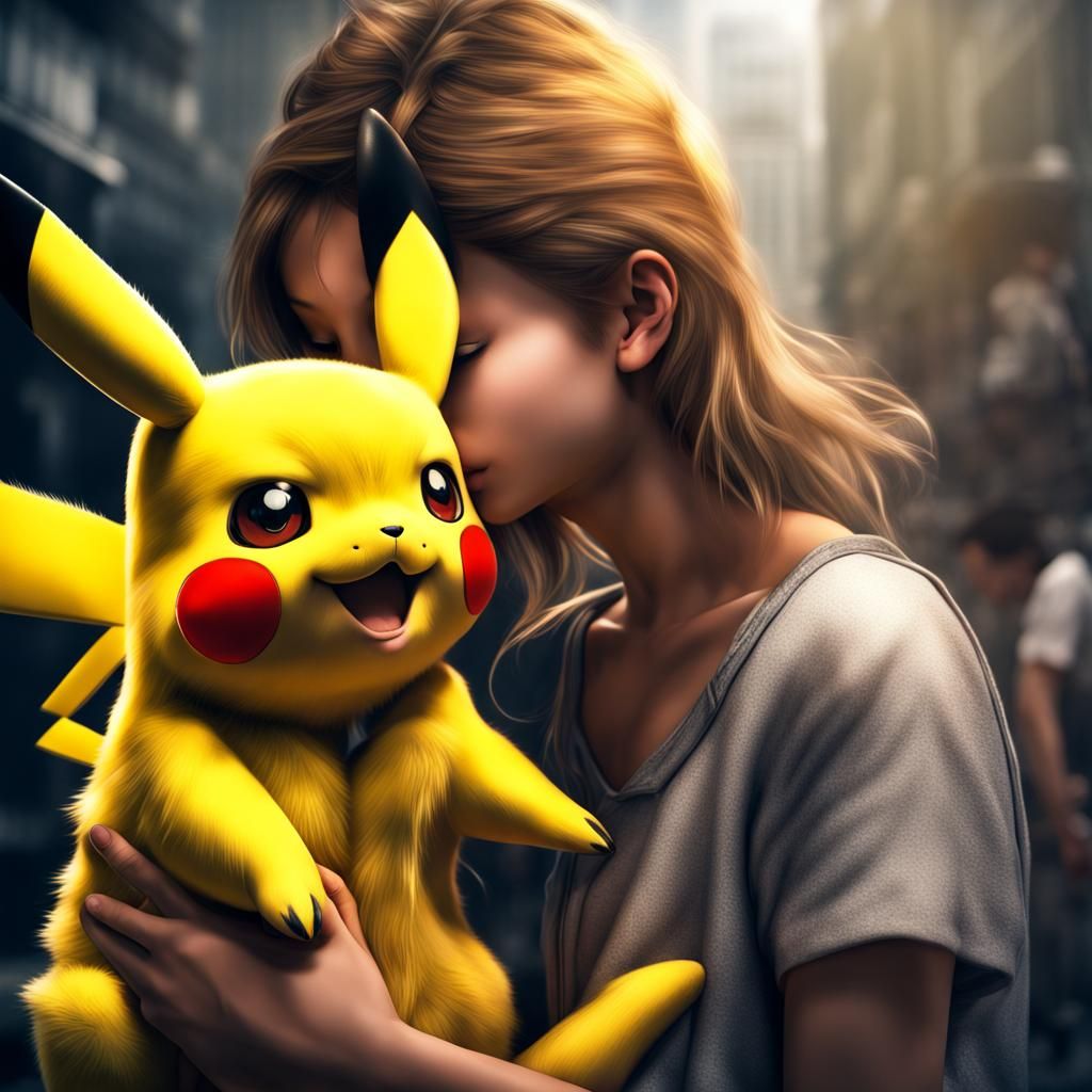 Hyperrealistic Pikachu Tickling a Girl's Cheeks