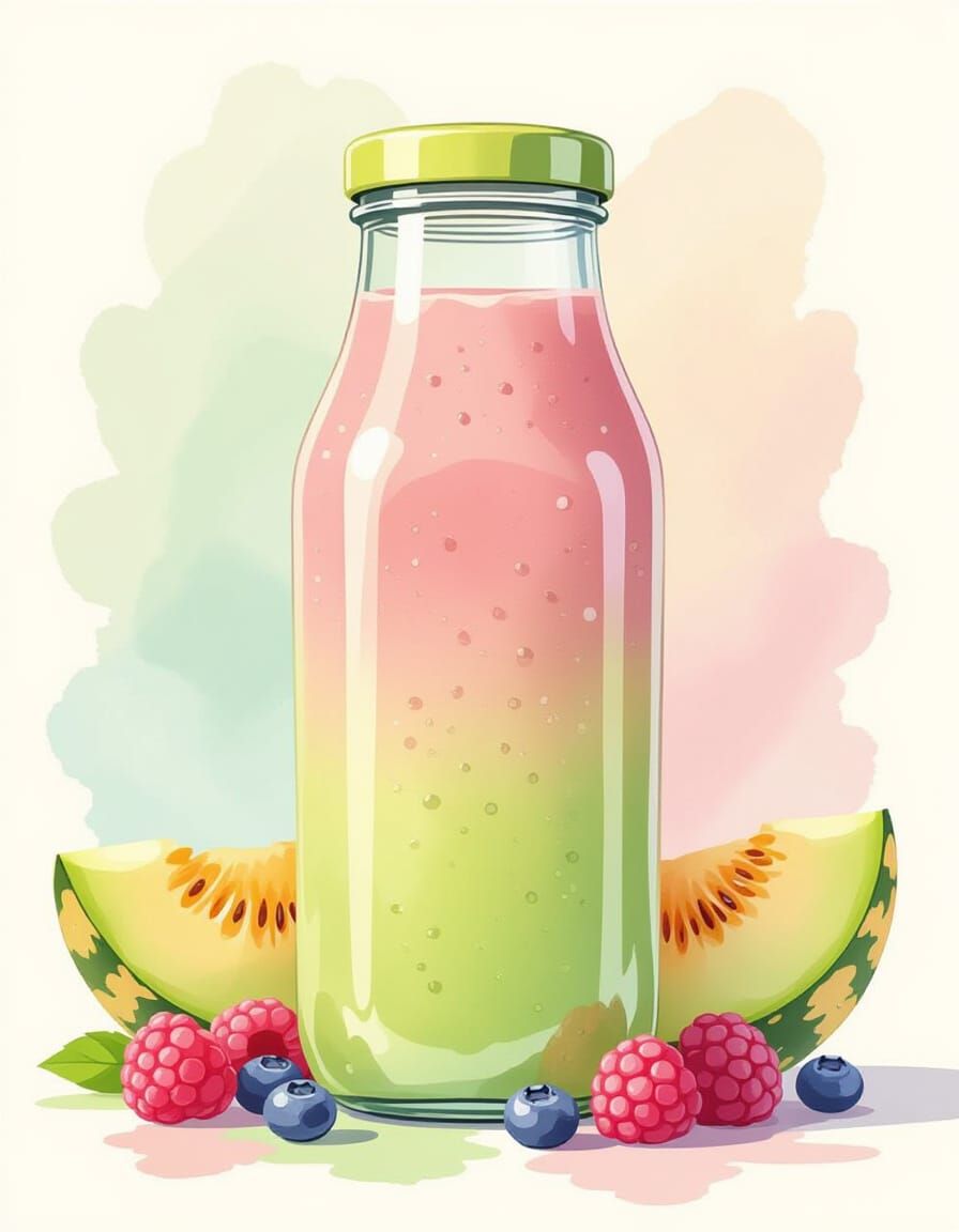 Honeydew Melon & Pink Berry Smoothie Bottle in Watercolor