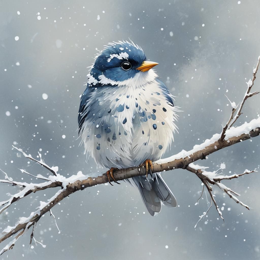 Snowflake Bird on Winter Branch, Watercolour Style