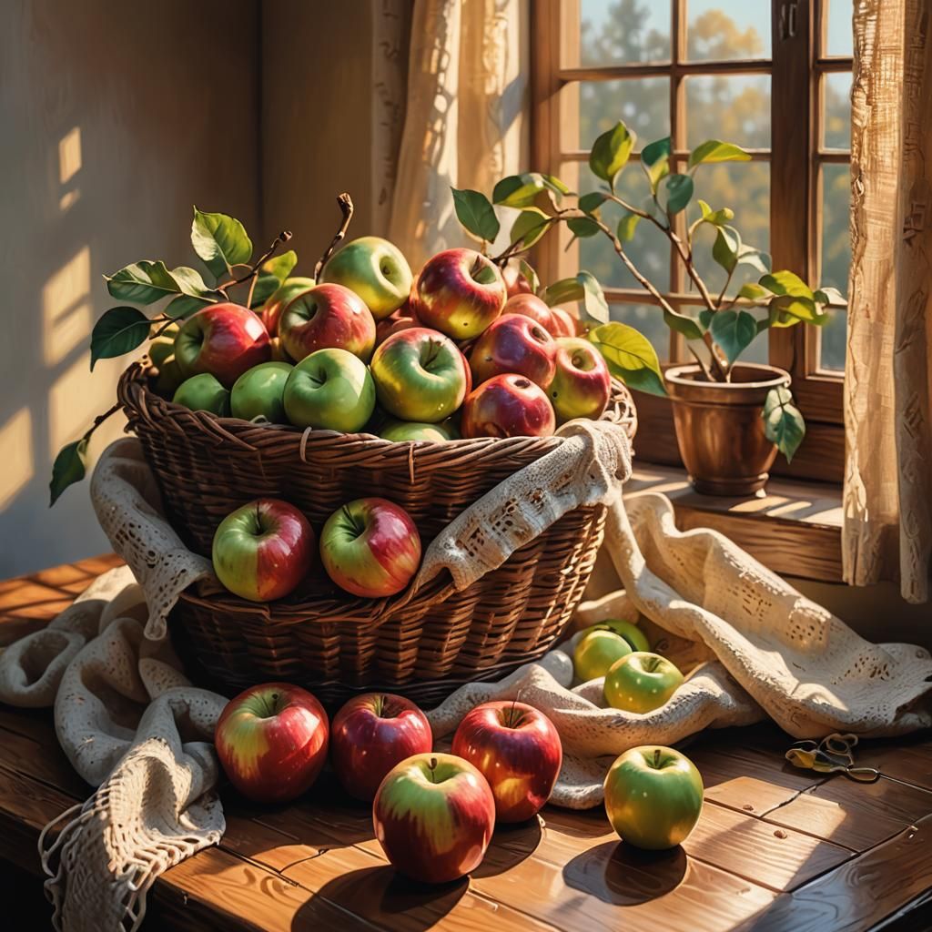 Basket of Apples Still Life in Oil Painting Style