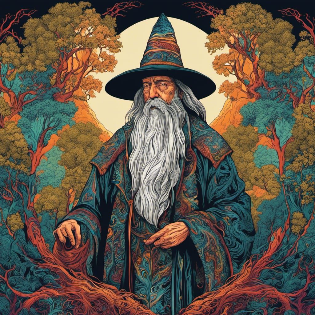 Colorful Old Mage in Forest: Abstract Vector Fractal