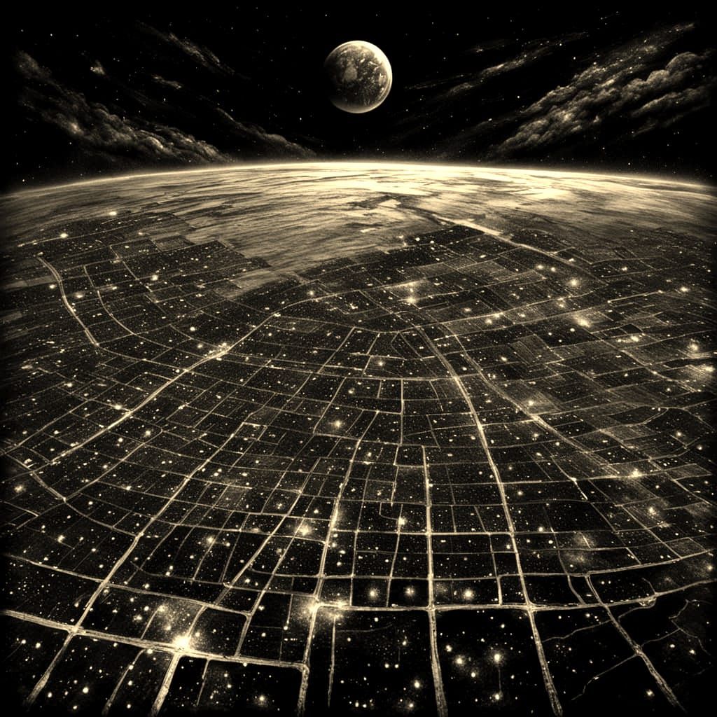 Earth at Night: Detailed Charcoal Drawing from Space