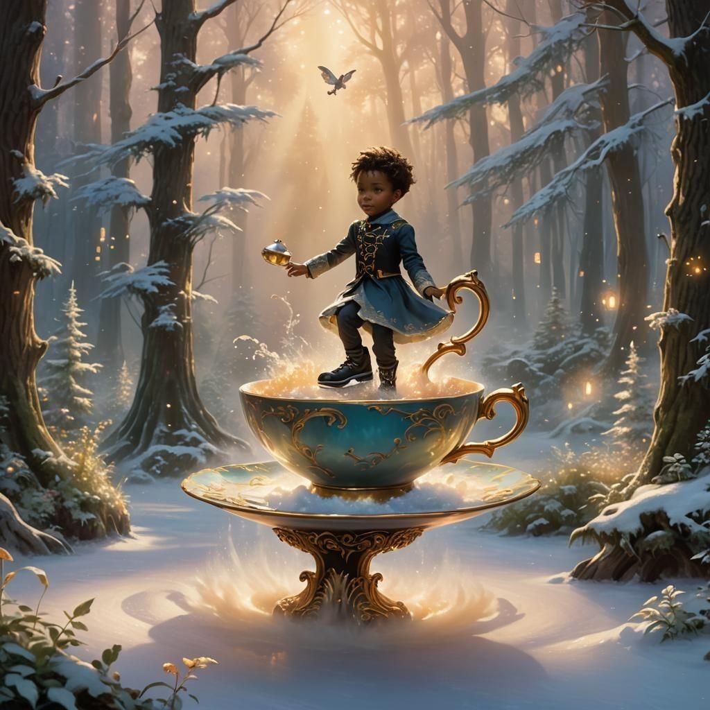 Child Ice Skating in Teacup, Ethereal Fantasy Art