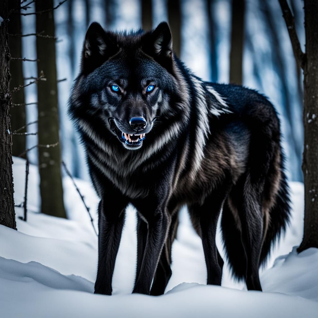 Snarling Dark Wolf with Blue Eyes