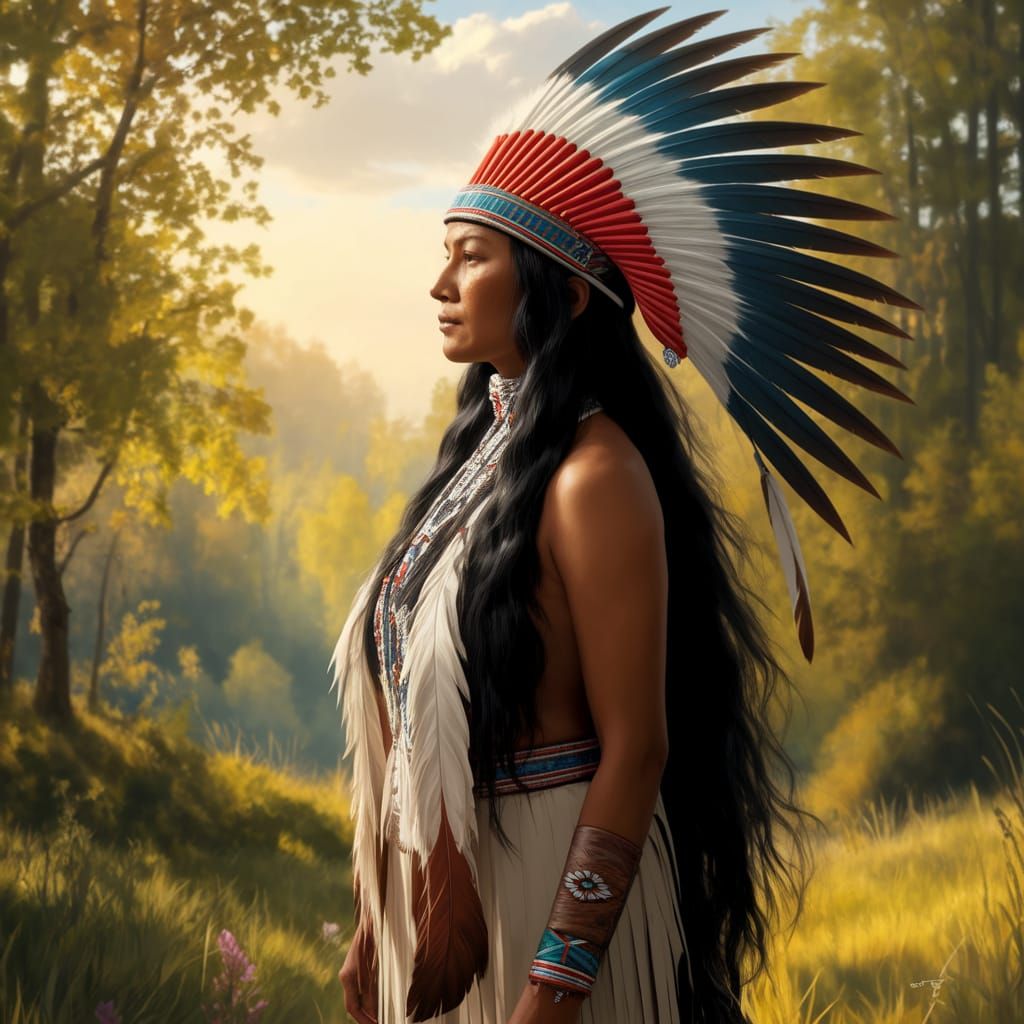 Regal Native American Woman in Golden Hour Landscape