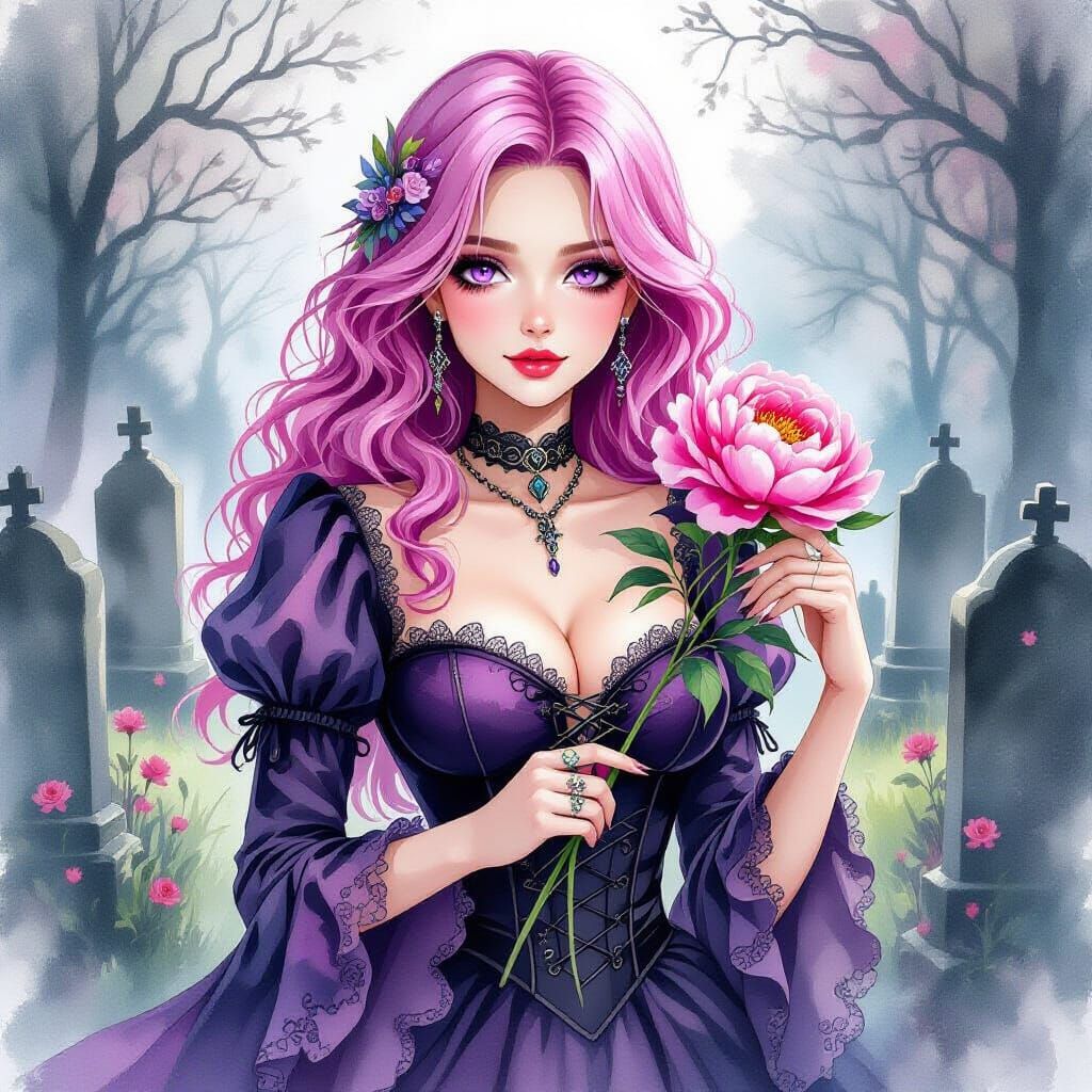 Gothic Woman with Peony in Watercolor Alcohol Ink Style